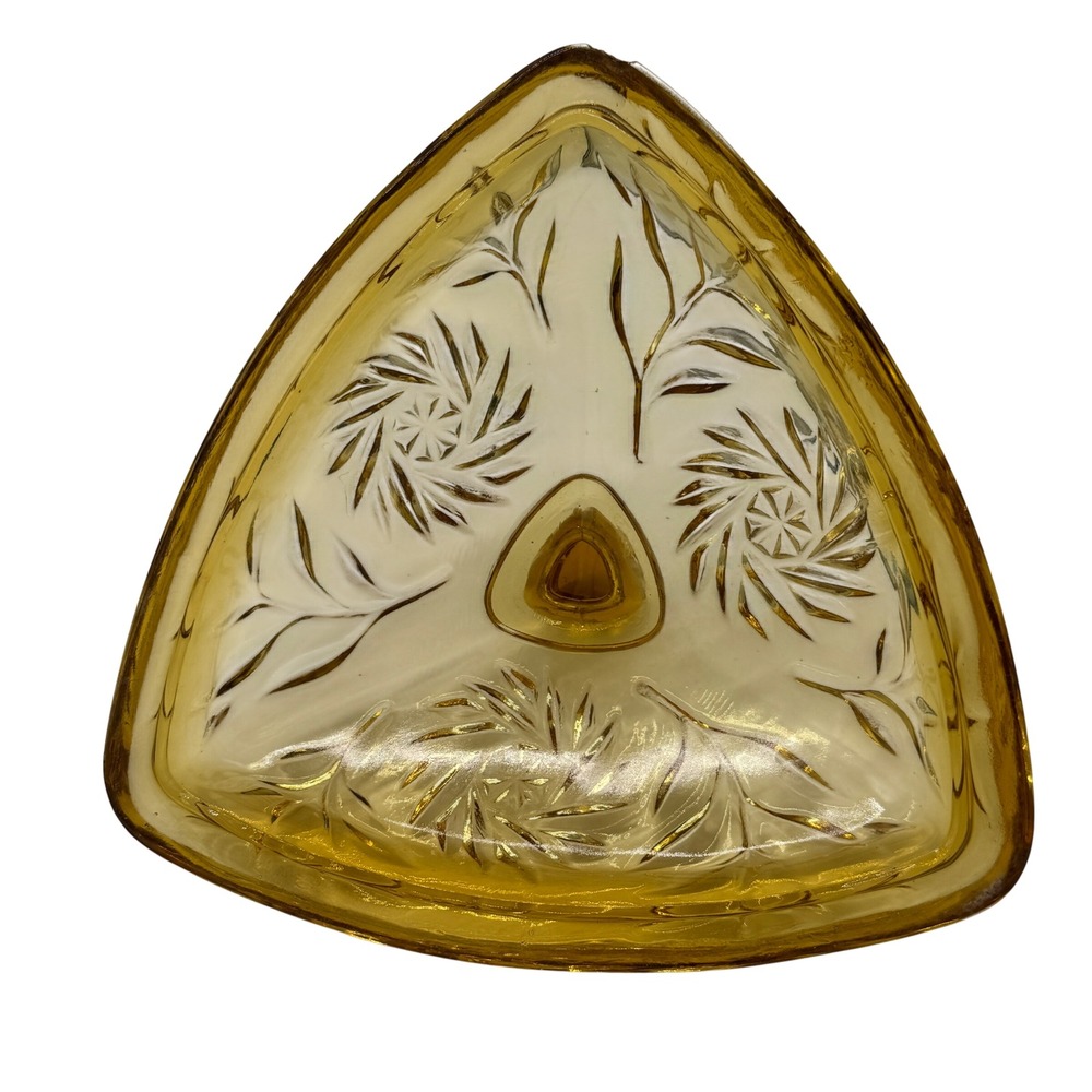 Vintage Amber Hazel Glass Triangle Candy Dish and Lid Pinwheel Starburst 1950s - Picture 5 of 14